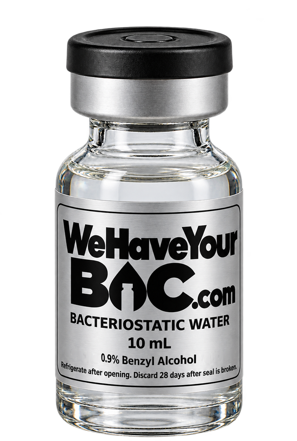 10 mL WeHaveYourBAC bacteriostatic water vial with a silver label and black flip-off cap